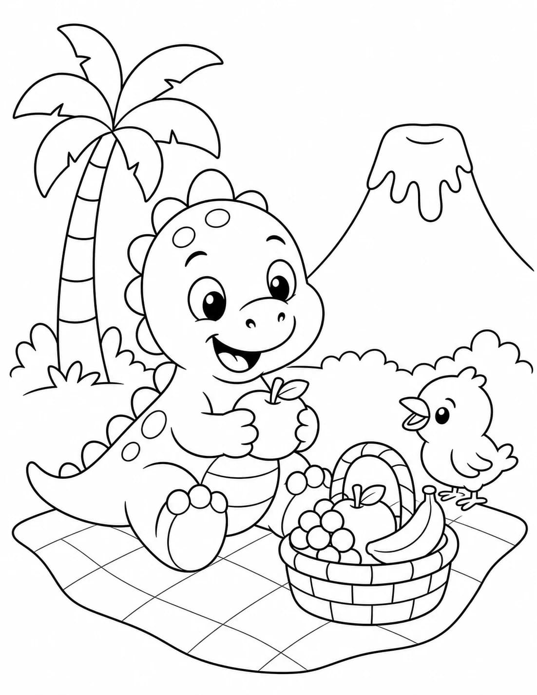 Simple dinosaur coloring page designed for children ages three to five