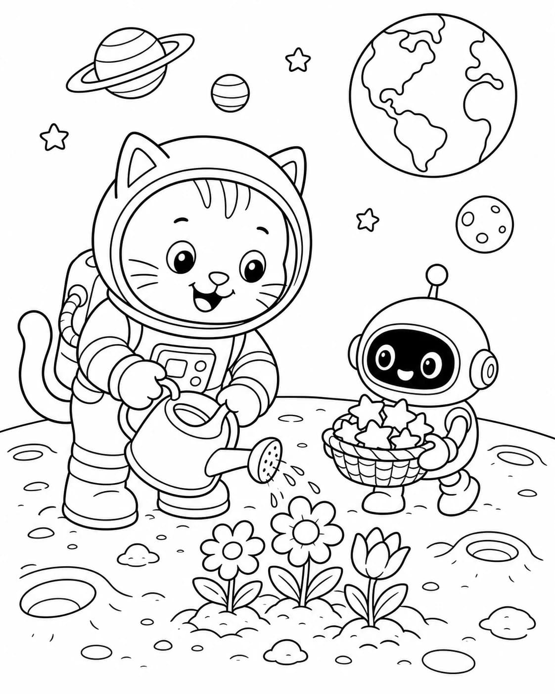 Space garden printable coloring page