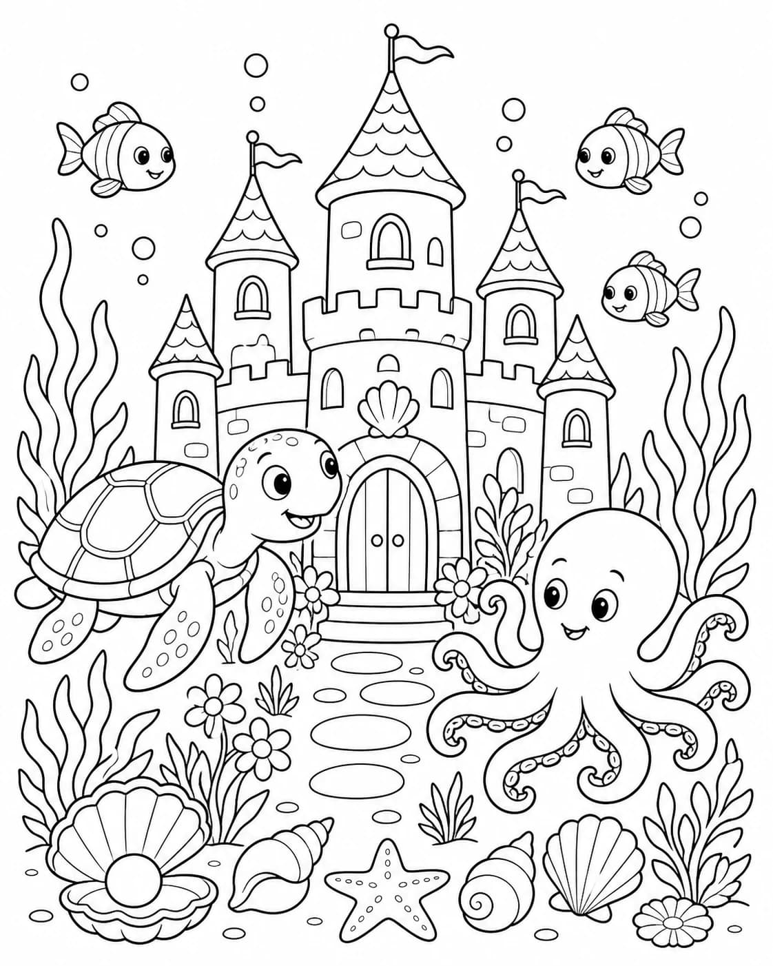 Underwater castle printable coloring page