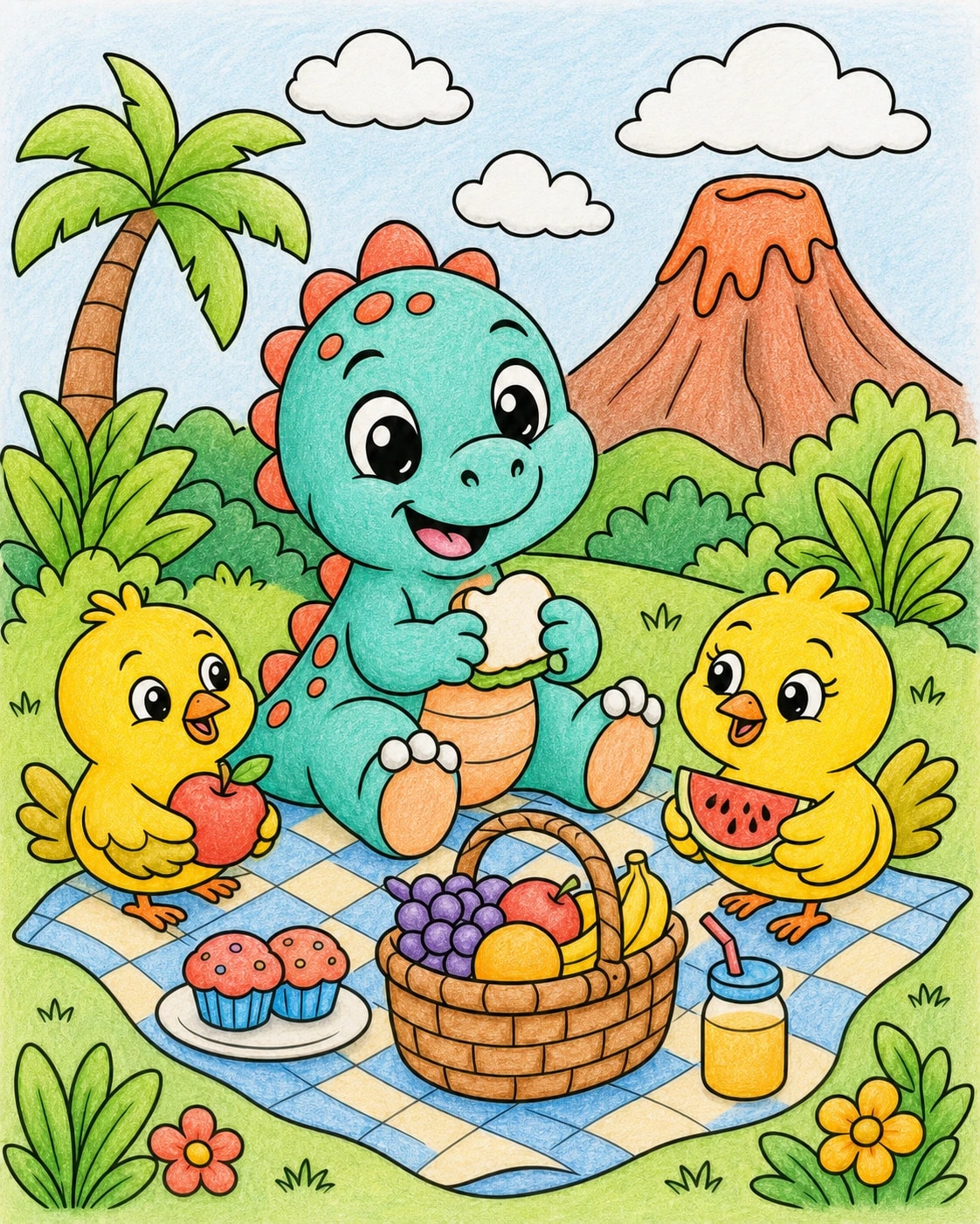 The same dinosaur coloring page finished with colored pencils