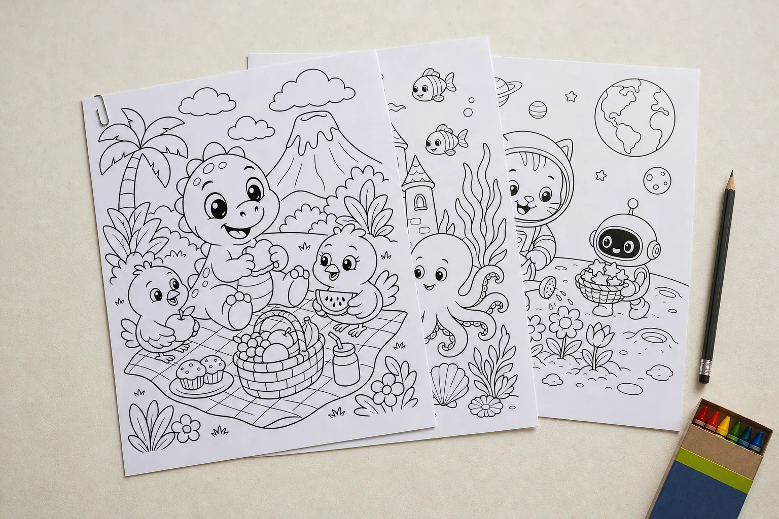 Three clean uncolored printable coloring pages