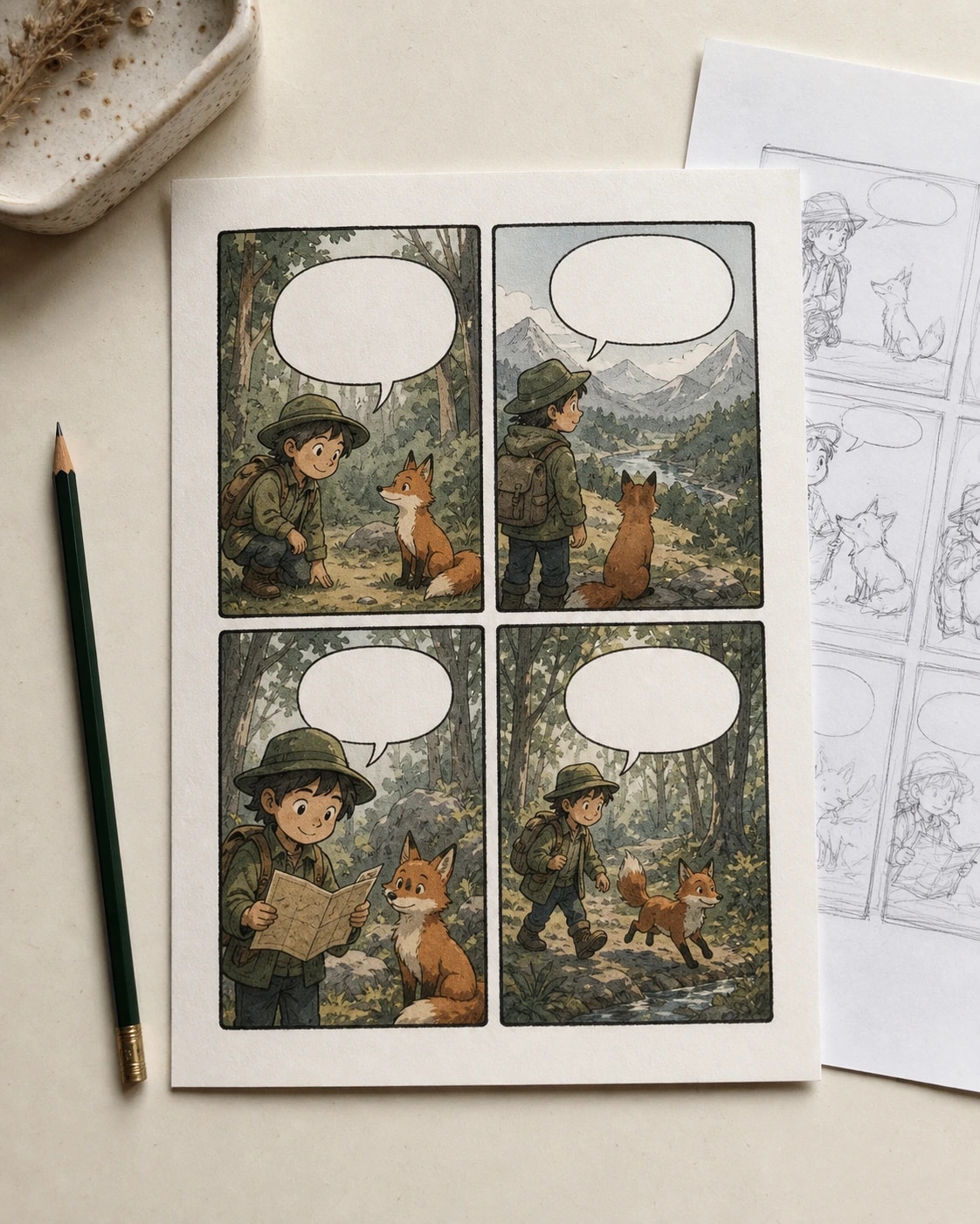 Two complete printed comic examples with consistent characters and sequential panels