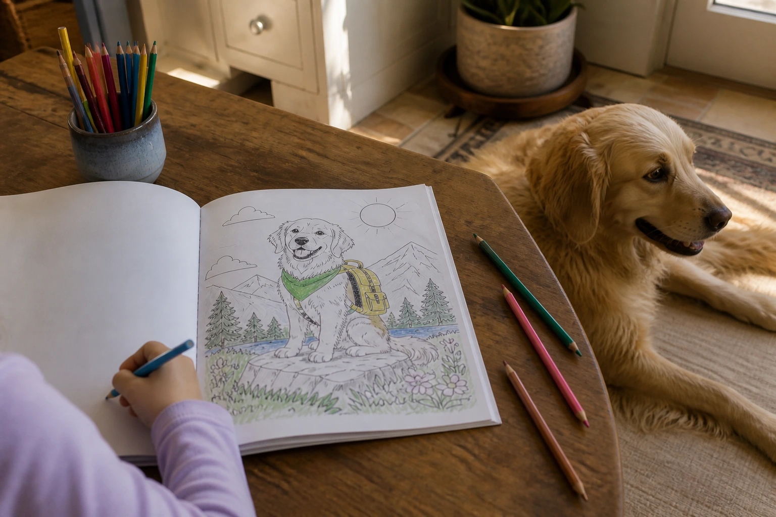 Complete personalized pet adventure set with storybook, spread, card and coloring page