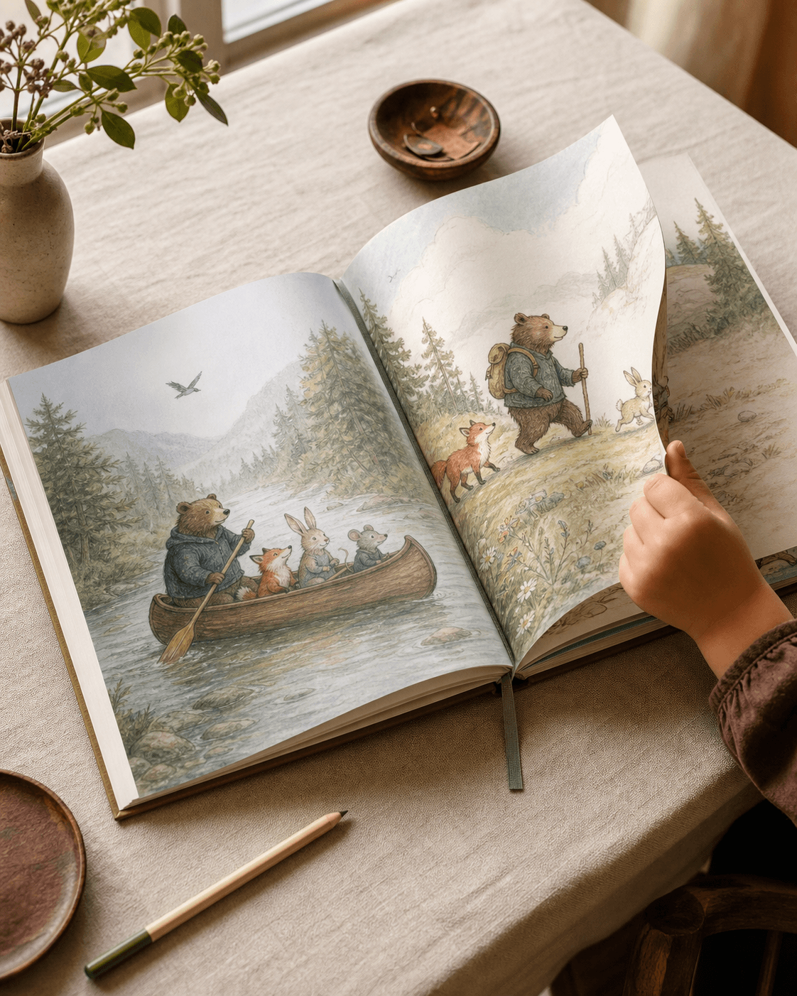 Personalized storybook gift shown open on a real table