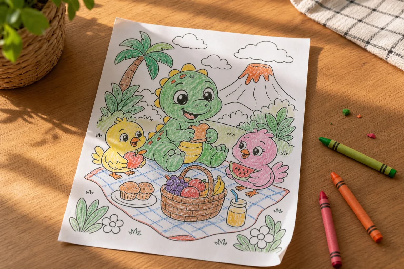 A printed coloring page colored with pencils beside a digital tablet workflow
