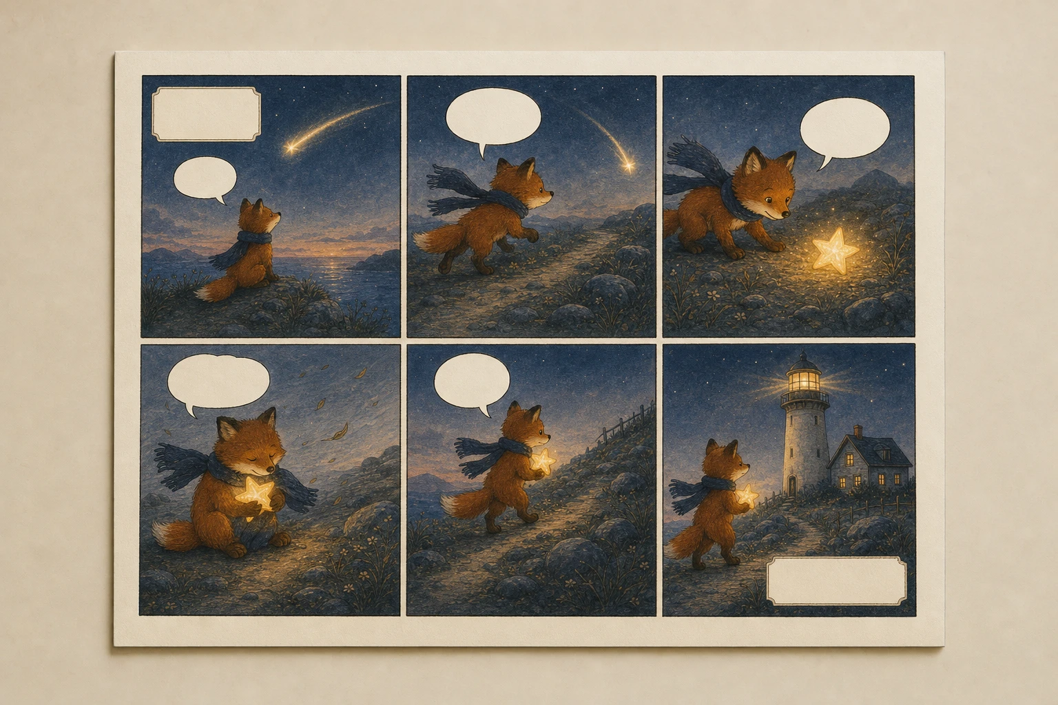 Complete six-panel comic sheet with a consistent fox character